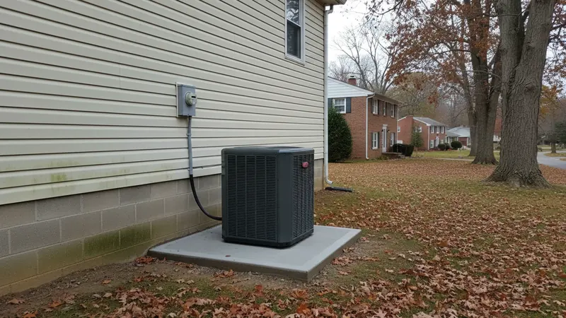 A heat pump on its pad, with the electrical disconnect mounted within sight of the unit — two of the things an inspector checks first HVAC work in Howard County, MD.
